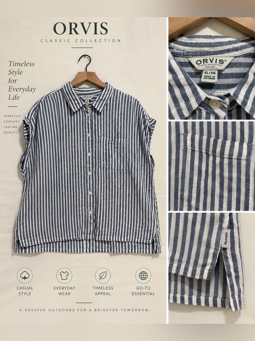 Orvis Navy and White Vertical Stripe Linen Button-Down Shirt